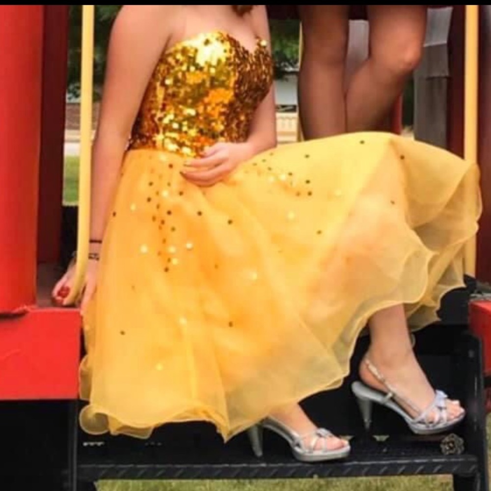 (TWO) CUTE STRAPLESS YELLOW SEQUIN HOMECOMING DRESS! $15 FOR ONE OR $25 FOR BOTH